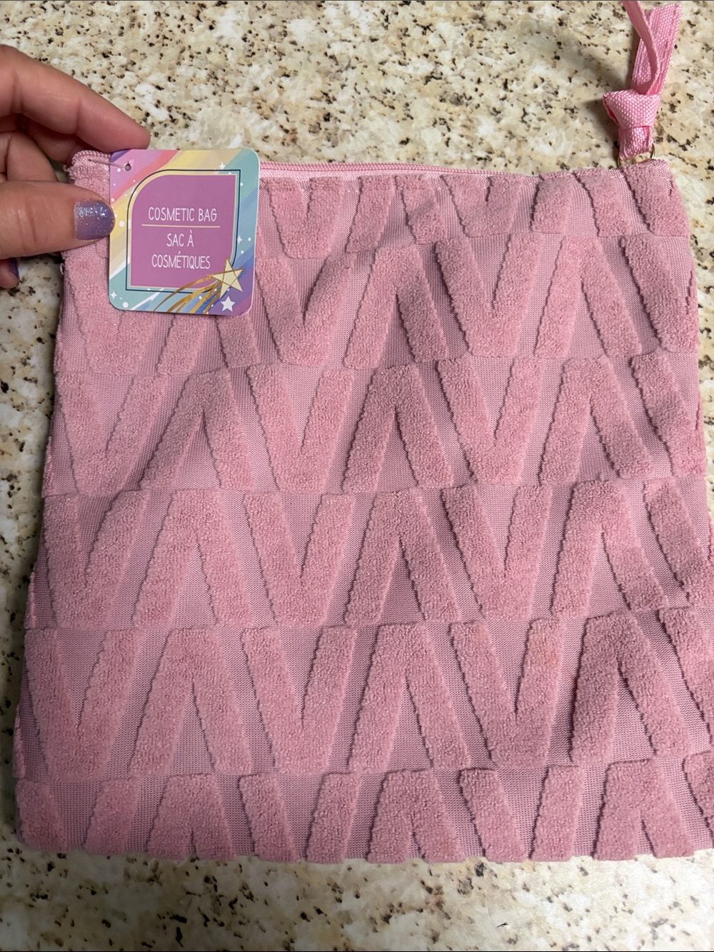 Pink Textured Cosmetic Pouch with Wrist Strap